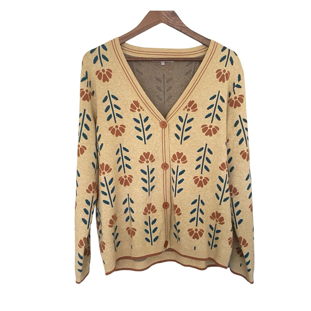 Daniel Rainn Floral V-Neck Button Front Cardigan XXL Tan Boho Knit Sweater